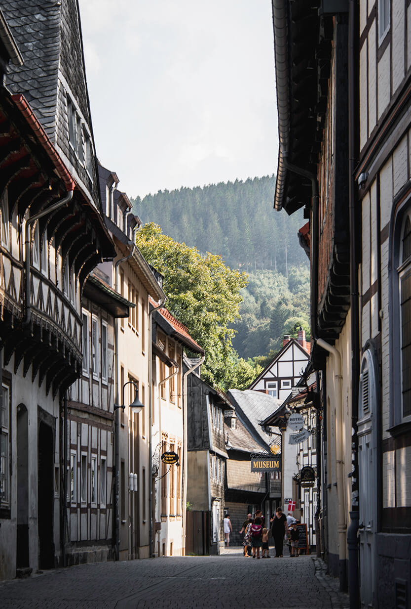 I love the towering mountains at the end of this street in Goslar, Harz.