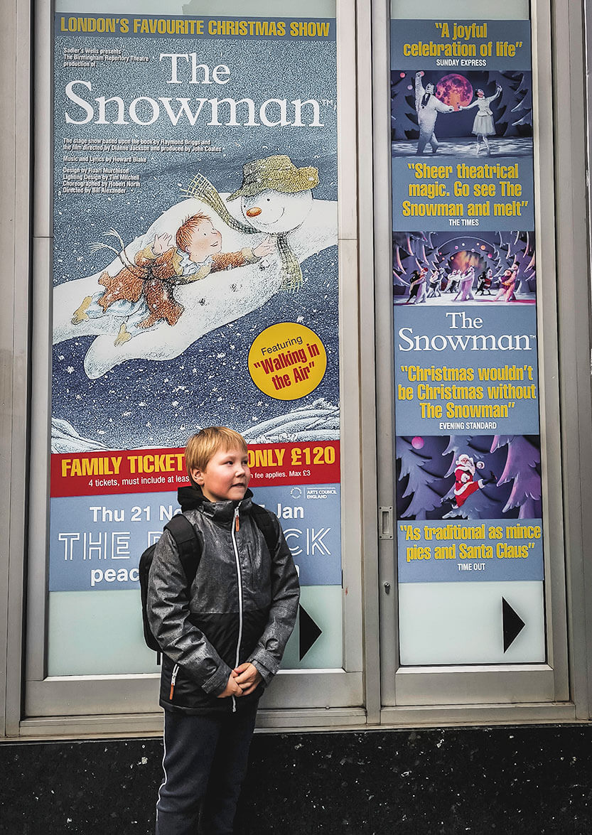 Sebastian in front of Peacock Theatre in London, just before we go in to see Raymond Briggs’ “The Snowman”.