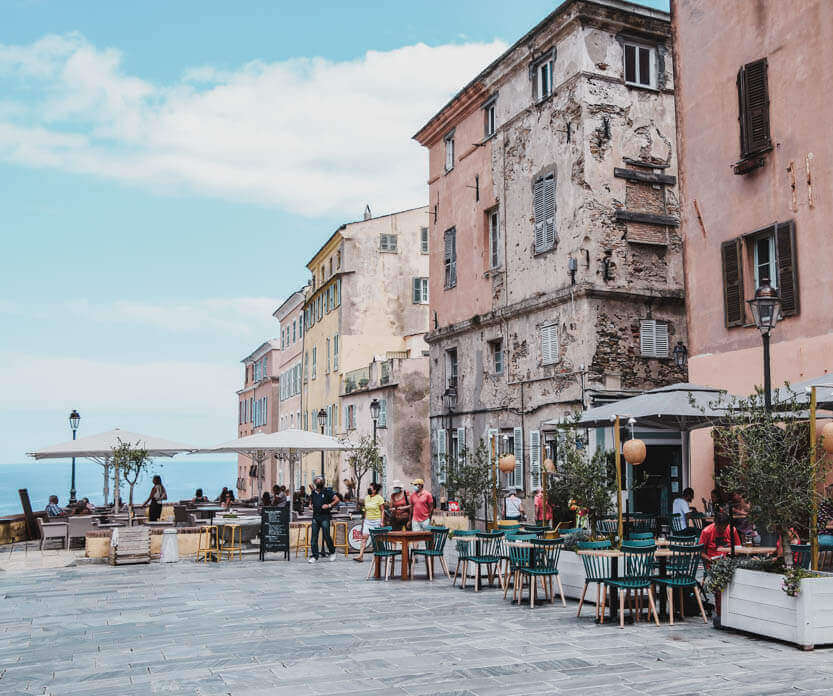 Inside the citadel of Bastia, you can sit at one of the sidewalk cafes and have lunch or a drink - and with great views.
