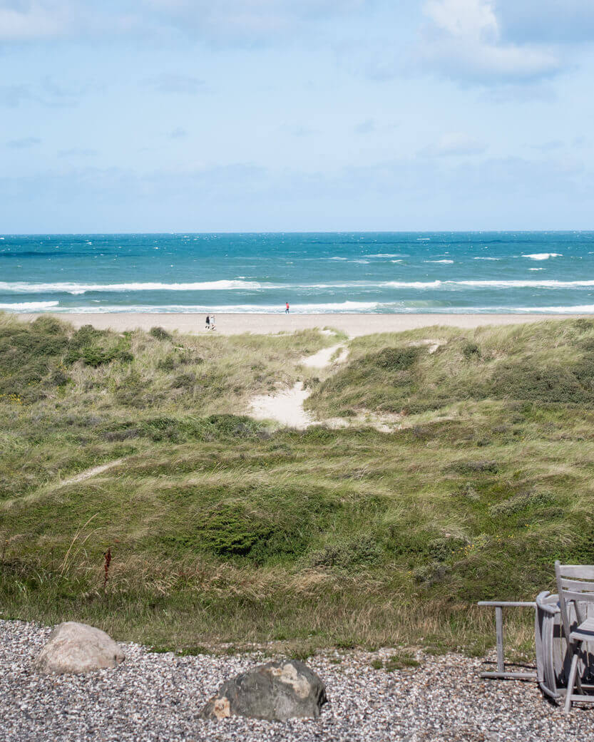 The view from Svinkløv Badehotel over the dunes and the sea.