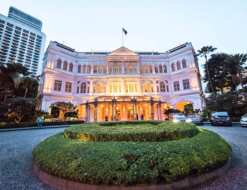 Raffles Hotel at dusk.