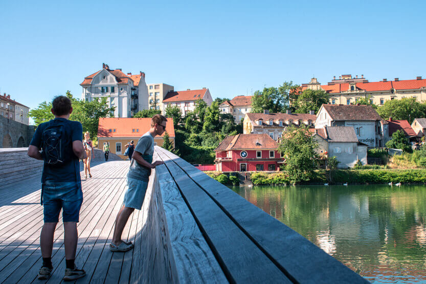 The bridge, Glavni Most, in Maribor on an early summer morning.