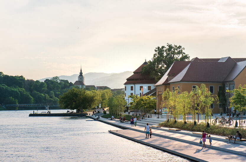 The promenade along the Drava River, Maribor, Slovenia.